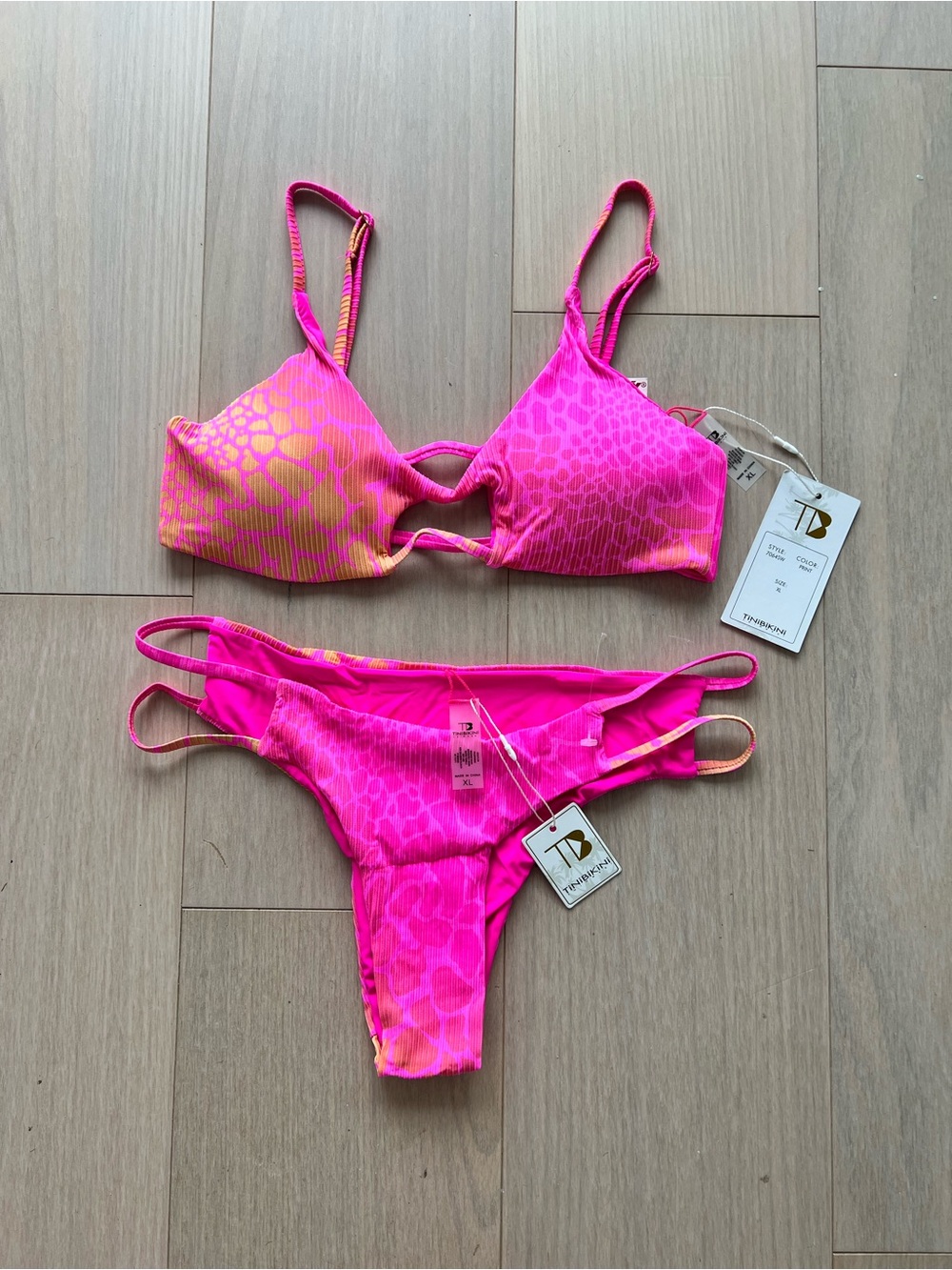 Tinibikini Swim Hot Pink & Neon Orange Animal Print Bikini NWT XL